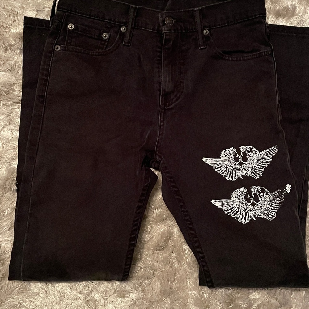 Black Levi Denim Jeans with Cherub Angel Print
